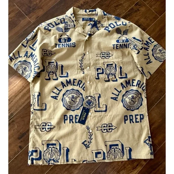 Polo Ralph Lauren Linen Camp Shirt Men's Large Tall American Prep Spellout NWT - Picture 5 of 11